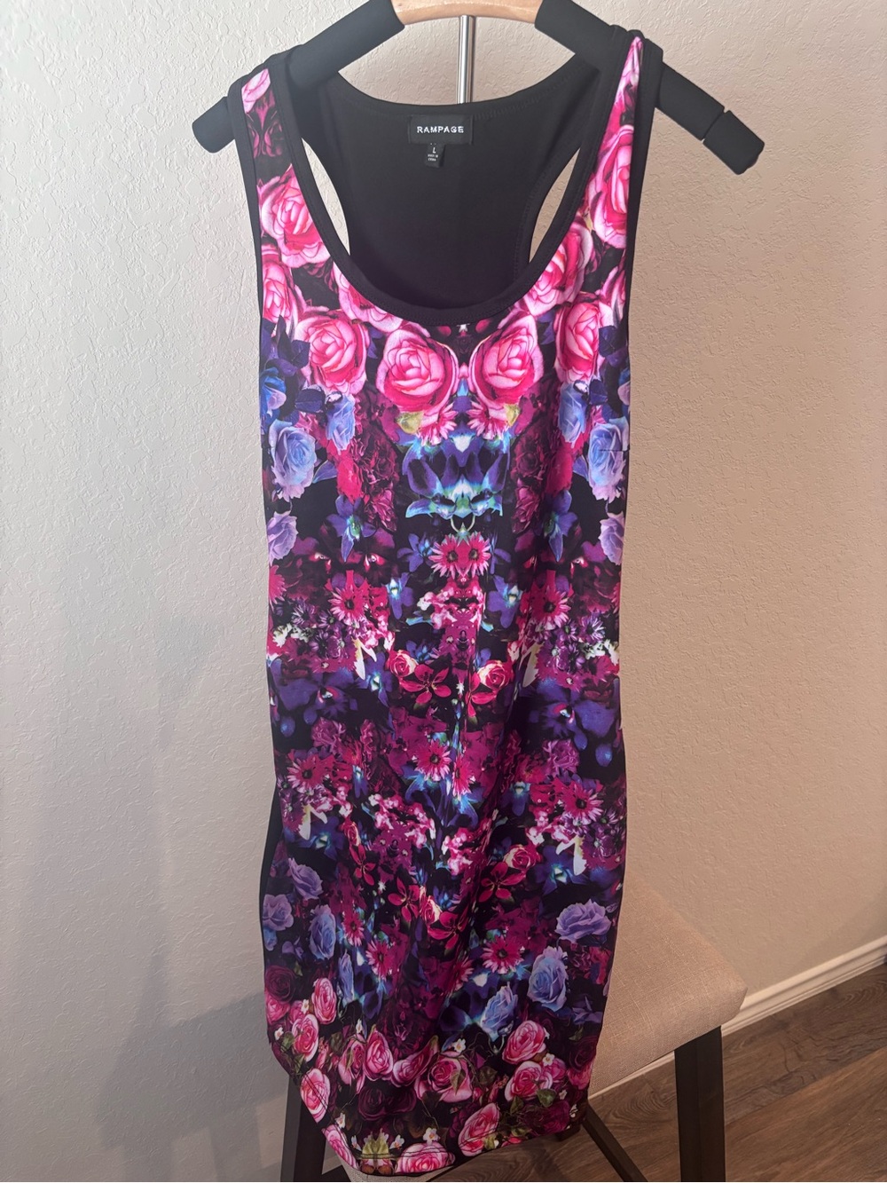 Rampage Floral Bodycon Mini Dress Black Pink Rose Open Back Cutout Womens L